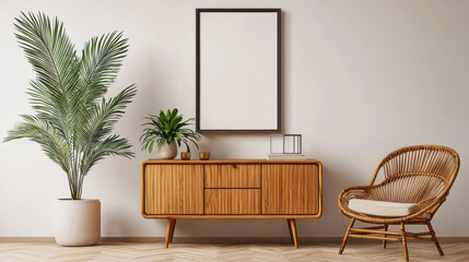 Stylish interior design featuring a chair, plant, and wooden furniture in a modern room.