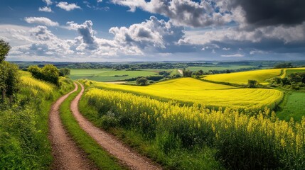 Fototapeta premium Rural road through vibrant yellow rapeseed fields under a dramatic sky