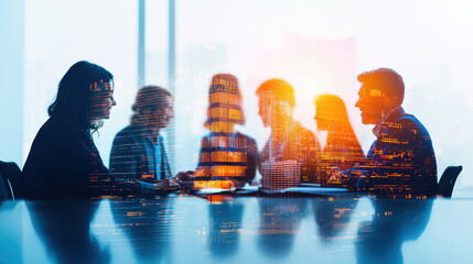 Teamwork and collaboration at a modern business meeting with silhouettes and city backdrop.