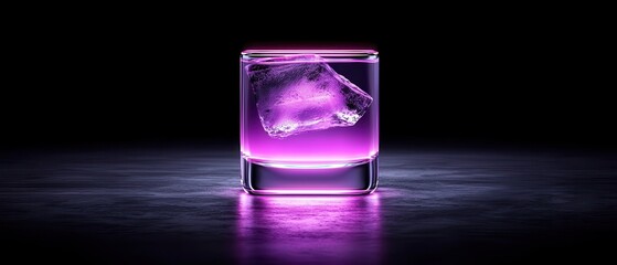 A captivating glass of purple drink with ice, illuminated against a dark background.