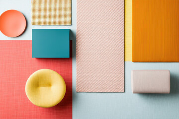 Stylish modern surfaces with colorful geometric patterns and vibrant furniture.