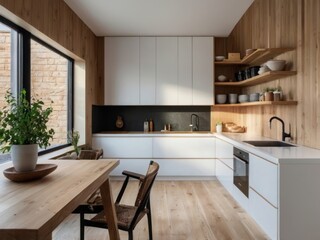 Fototapeta premium Modern Minimalist Kitchen Design With Wooden Accents
