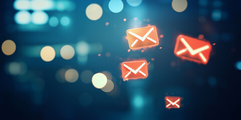 Naklejka premium Abstract Digital Illustration of Floating Email Icons with Bokeh Background in Blue Tones, Representing Communication and Technology Concepts