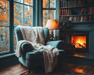 Cozy autumn armchair by fireplace, library bookshelves, fall foliage view
