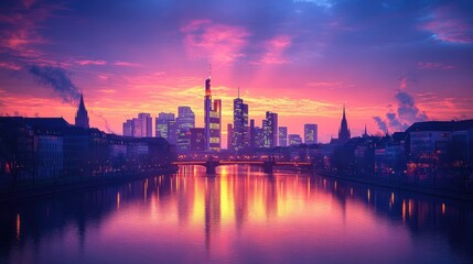 Fototapeta premium Frankfurt Skyline at Sunrise Reflecting in River