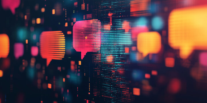 Colorful digital communication symbols in abstract background with vibrant speech bubbles and pixelated elements creating a modern technology vibe
