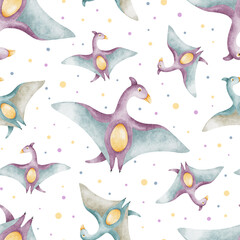 Dinosaurs and colorful dots. Hand drawn watercolor seamless pattern of Pterodactyl. Background cute baby dino for design kid's goods, scrapbook, clothes, textile, linen