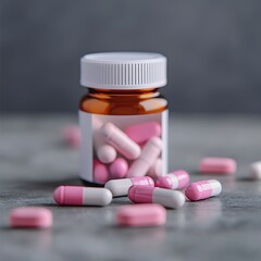 A close-up of a brown pill bottle containing pink and white capsules, with some capsules spilled on a textured surface.