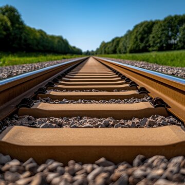 A close-up view of parallel railway tracks stretching into the distance.
