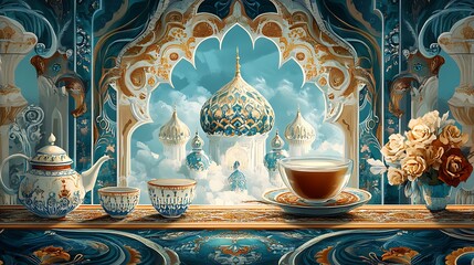 Obraz premium Serene Tea Time: Digital Painting of an Ornate Setting with a Dreamlike Cityscape AI Generated