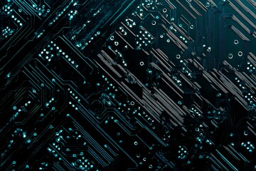 Abstract close-up of a glowing blue digital circuit board, showcasing intricate connections and technological design on a black background.
