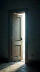 A wooden door stands slightly ajar, letting soft light spill into a dimly lit room, creating a sense of mystery and anticipation