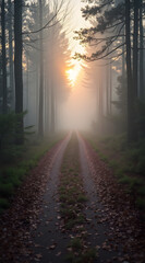 Obraz premium A misty pathway winds through a dense forest with tall trees, illuminated by a soft sunrise, creating a serene and tranquil atmosphere