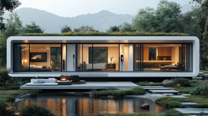 A modern modular home with an electric car charging outside
