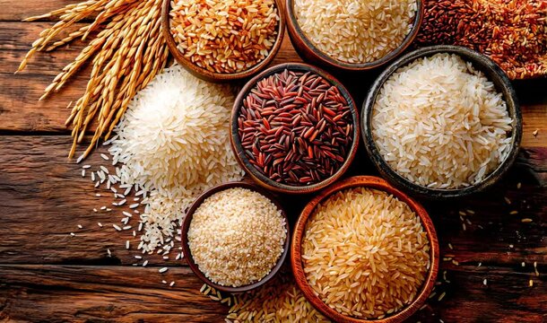 Bowls with many types of rice on a wooden table. Top view.