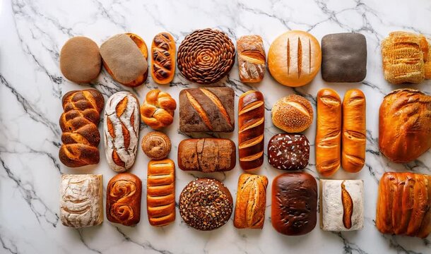 Different types of breads on a marble table. Top view.