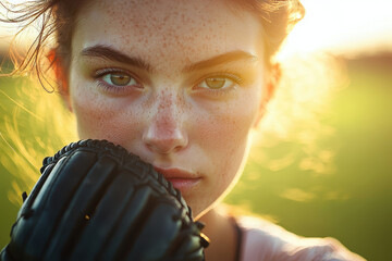 Athlete softball female player wearing black glove, intense focused gaze, cinematic sports portrait under warm sunset light