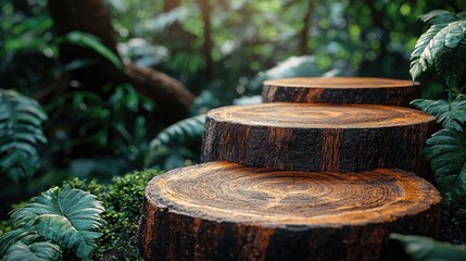 Naklejka premium Wooden Tree Stump Steps In Lush Green Forest