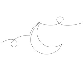 Continuous one line drawing of crescent moon. Single line drawing illustration of crescent moon. Ramadan kareem concept vector art. Doodle line illustration.