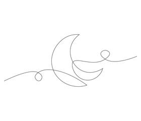 Continuous one line drawing of crescent moon. Single line drawing illustration of crescent moon. Ramadan kareem concept vector art. Doodle line illustration.