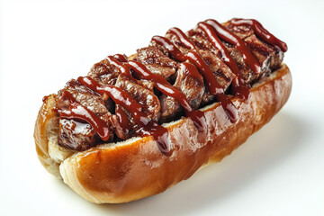 Selective focus smoked beef bun with barbecue sauce isolated on white background, Barbecue sandwich.