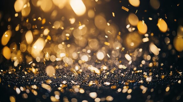 Golden Confetti Shimmering Against Black Surface