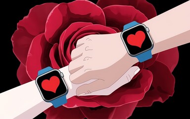 hands with smart watches with a red hearts on the screen and on the red rose background