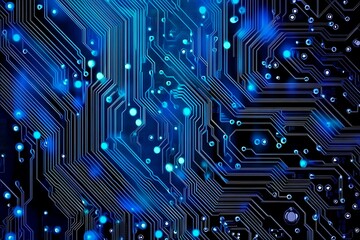 Abstract close-up of a glowing blue digital circuit board, showcasing intricate connections and technological design on a black background.
