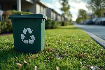 Green Recycling Bin on Grassy Curbside in Residential Neighborhood