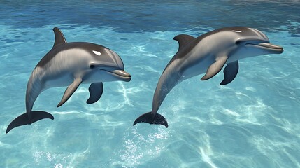 Fototapeta premium Playful dolphins jumping in the ocean, clear blue water, ultra