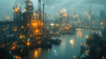 Rain Soaked Industrial Cityscape Night Lights Reflecting