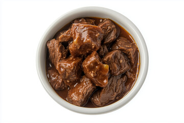 Fototapeta premium Top view beef stew with carrot and potato isolated on white background, Selective focus beef stew bowl on white.