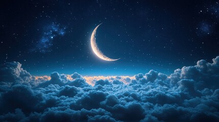 Fototapeta premium Crescent Moon Above a Sea of Night Clouds and Stars