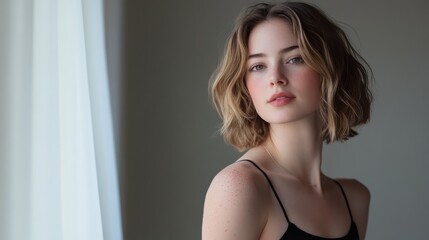 Fototapeta premium Model Posing Naturally in Soft Daylight Studio Setup
