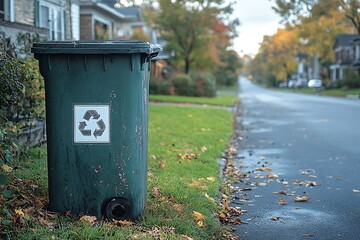 Green Recycling Bin on a Residential Street in Autumn
