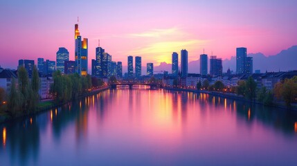 Fototapeta premium Frankfurt Skyline Sunset River Reflection Cityscape