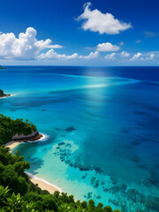 발리의 깨끗한 해안선에서 영감을 받은 수정처럼 맑은 에메랄드빛 바다가 숨막히는 열대 바다 풍경입니다. 부드러운 파도가 수면을 가로질러 흐르며 청록색과 짙은 녹색의 매혹적인 춤으로 햇빛을 반사합니다.