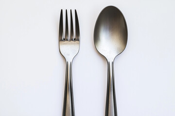 Selective focus stainless spoon and fork isolated on white background, Luxury spoon and fork on dining table.