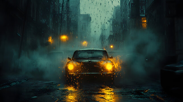 Mysteriöses Auto in dunkler, regennasser Stadt bei Nacht