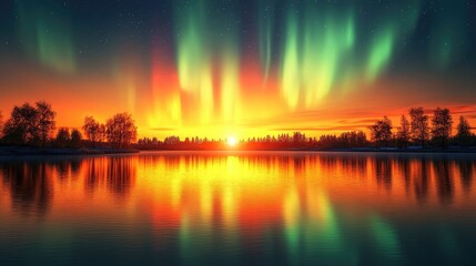 Serene Sunset Aurora Over Calm Lake And Trees