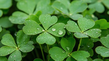 Dew-covered clover leaves, close-up; lush green background; nature photography for websites