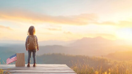 Fototapeta premium Child gazing at sunrise with american flag mountain view inspirational moment nature landscape hopeful perspective adventure spirit