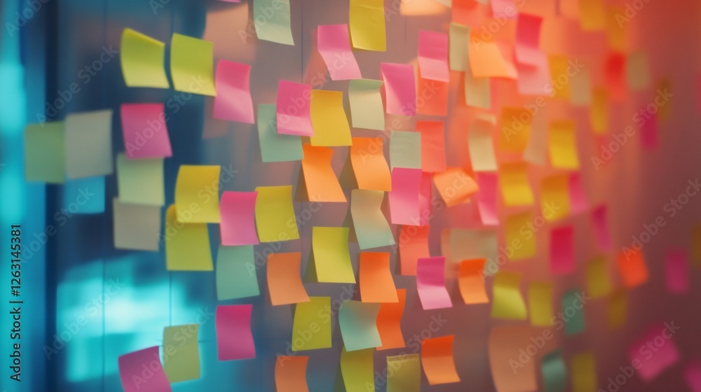 Poster Chaotic array of colorful sticky notes covers a glass surface, symbolizing the stress and complexity of multitasking and time management in a fast paced work environment