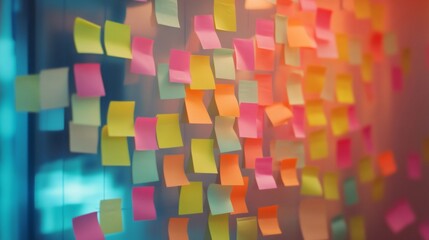 Chaotic array of colorful sticky notes covers a glass surface, symbolizing the stress and complexity of multitasking and time management in a fast paced work environment