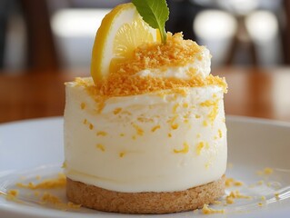 Lemon cheesecake dessert with crumb topping and mint garnish on plate