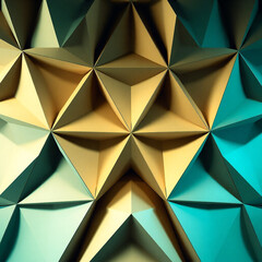 A geometric arrangement of interconnected triangles in shades of teal, gold, and white, creating a faceted, crystalline pattern.
