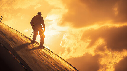 Worker Silhouette on Rooftop at Sunset Against Dramatic Sky
