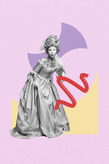 Composite image montage trend artwork collage of young woman kiss face grimace shocked rococo fashion historical portrait feather dress