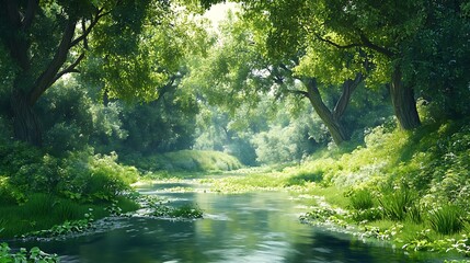 Serene Summer Creek: Lush Green Forest Landscape Photography AI Generated