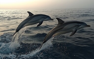 Fototapeta premium Dolphins leaping, ocean sunset, wildlife, nature, stock photo
